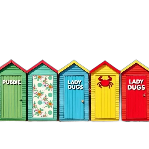 colorful, first, image, depicts, row, five, beach, huts transparent PNG cut-out