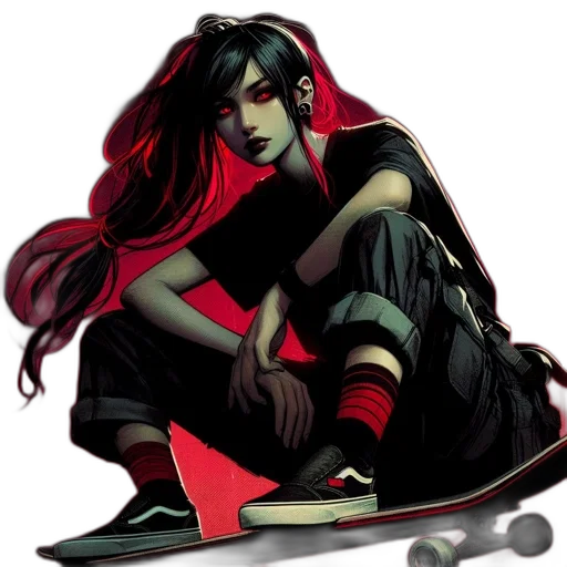concept art, comic book art, fantasy art, pixel art, red, dark, female, skateboarder transparent PNG cut-out