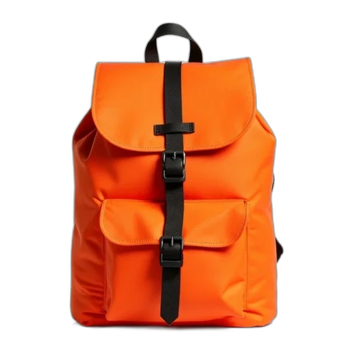 jacket, bright, orange, backpack, black, straps, buckles, displayed transparent PNG cut-out