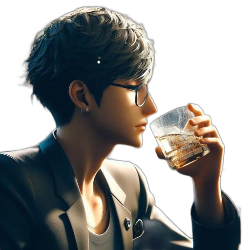 bottle, photorealistic, concept art, oil painting, young, man, dark-colored, blazer transparent PNG cut-out