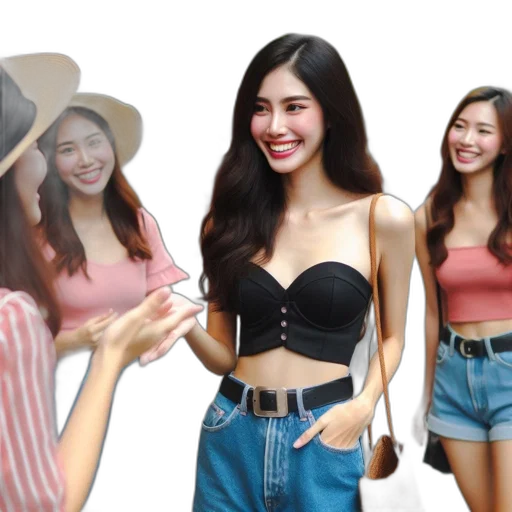 photorealistic, 3d render, pastel, three, young, women, smile, public transparent PNG cut-out