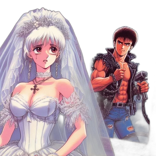 dress, robot, weapon, anime, vaporwave, concept art, pixel art, two transparent PNG cut-out