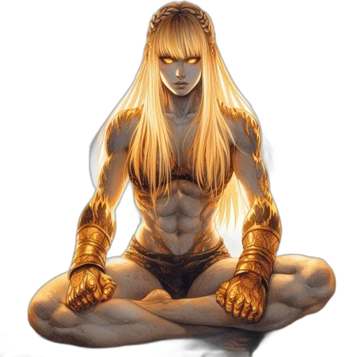 comic book art, concept art, fantasy art, anime, golden, woman, hair, intense transparent PNG cut-out