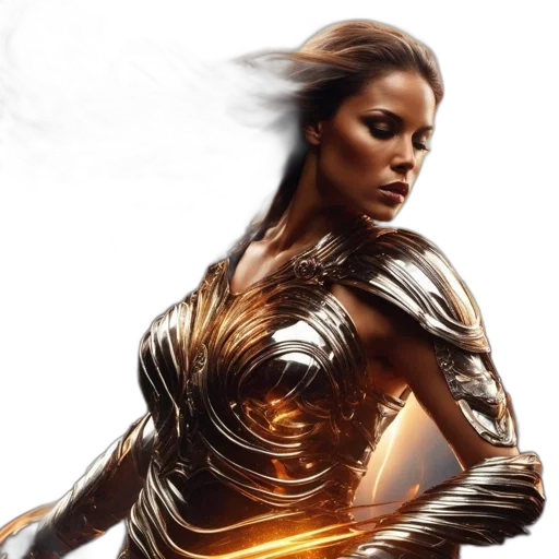 comic book art, concept art, fantasy art, photorealistic, fire, golden, woman, flowing transparent PNG cut-out
