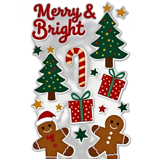 sticker, sheet, various, christmas-themed, designs, including, merry, bright transparent PNG cut-out