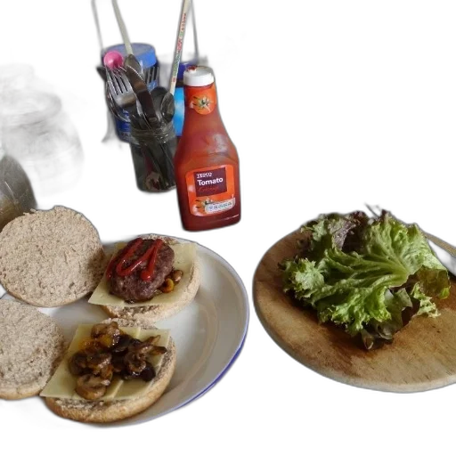 food, burger, mushrooms, cheese, plate, next, lettuce, leaf transparent PNG cut-out