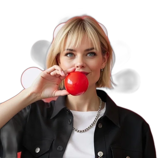 staff, food, photorealistic, red, woman, short, blonde, hair transparent PNG cut-out