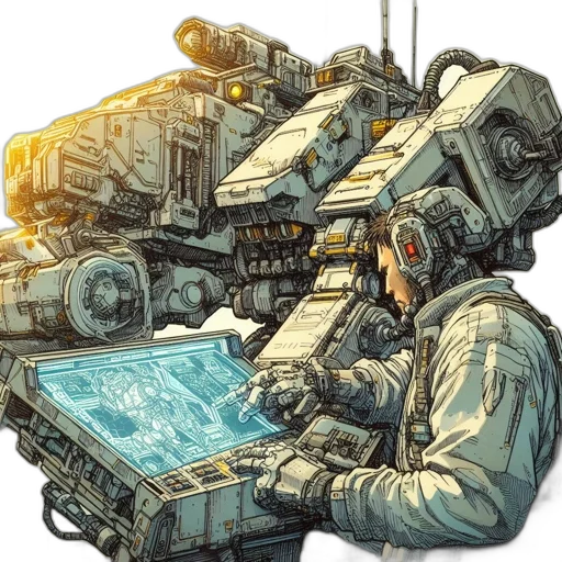 robot, weapon, jacket, concept art, comic book art, cyberpunk, watercolor, outer space transparent PNG cut-out