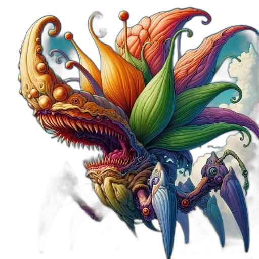 dragon, creature, mask, flower, fantasy art, concept art, watercolor, photorealistic transparent PNG cut-out