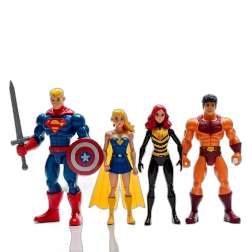 comic book art, concept art, 3d render, collection, action, figures, displayed, against transparent PNG cut-out