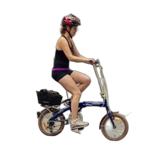 woman, rides, blue, folding, bike, city, street, wearing transparent PNG cut-out