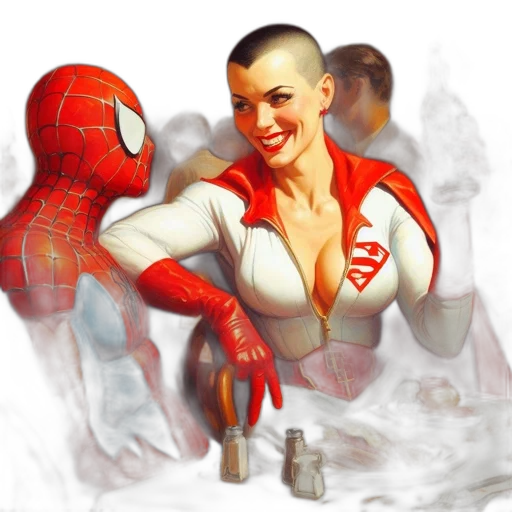 comic book art, concept art, photorealistic, fantasy art, red, restaurant, scene, spider-man transparent PNG cut-out