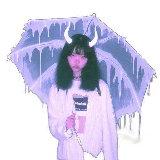 umbrella, jacket, creature, dress, vaporwave, anime, 3d render, concept art transparent PNG cut-out