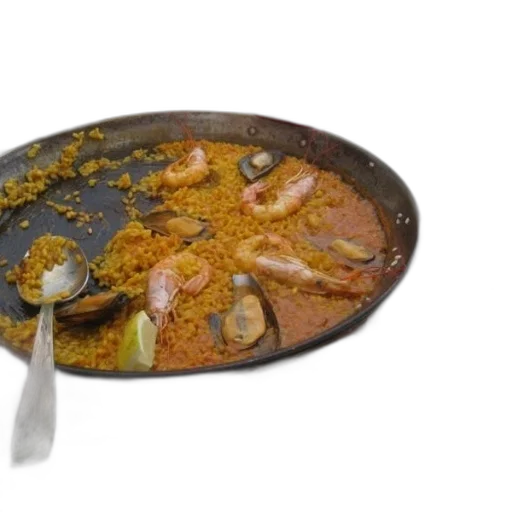 food, 3d render, photorealistic, plate, paella, shrimp, mussels, rice transparent PNG cut-out