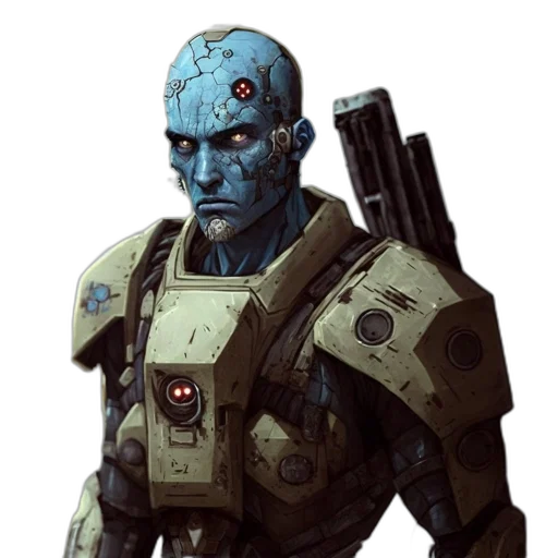 robot, face, concept art, cyberpunk, comic book art, fantasy art, blue, blue-skinned transparent PNG cut-out