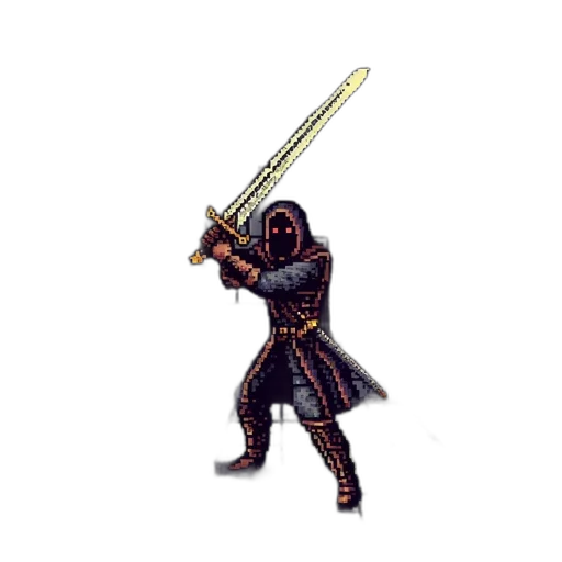 sword, staff, weapon, jacket, pixel art, concept art, fantasy art, 3d render transparent PNG cut-out