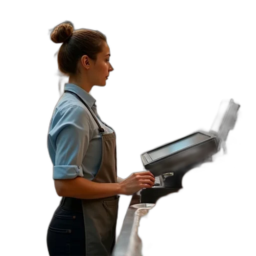 staff, robot, weapon, concept art, photorealistic, woman, cashier, grocery transparent PNG cut-out