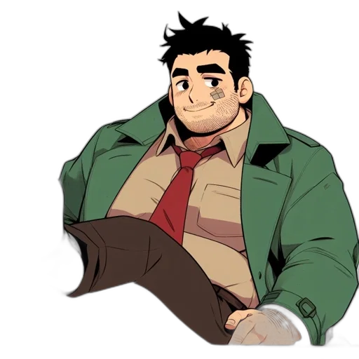 jacket, staff, cartoon, concept art, comic book art, anime, green, earth tones transparent PNG cut-out