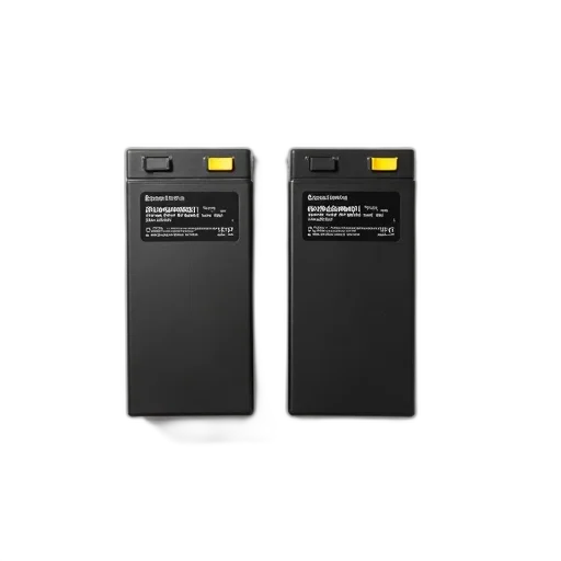 two, identical, black, rectangular, battery, packs, yellow, connector transparent PNG cut-out