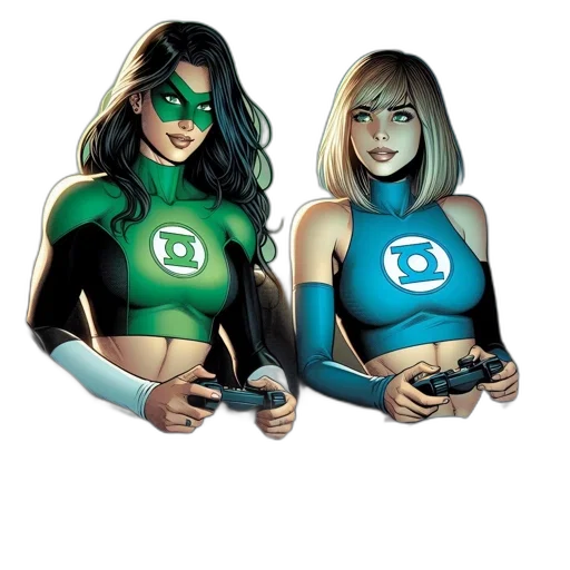 comic book art, concept art, cartoon, pixel art, green, two, costumed, superheroes transparent PNG cut-out