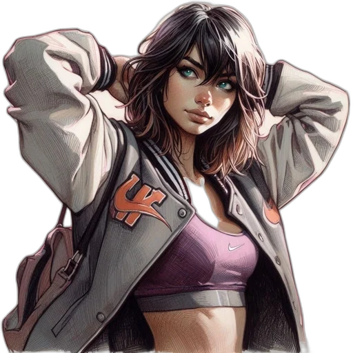 jacket, weapon, face, comic book art, concept art, cyberpunk, photorealistic, young transparent PNG cut-out
