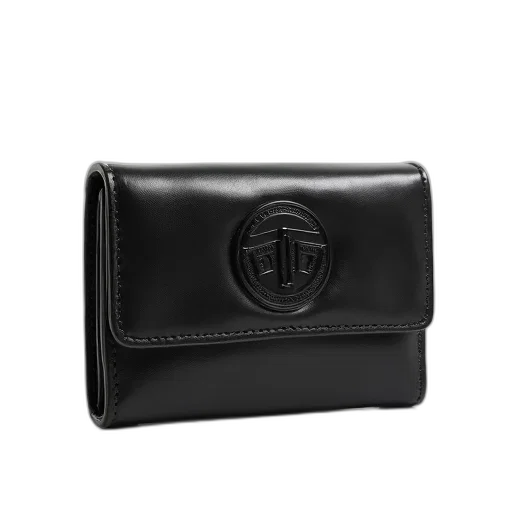 black, leather, wallet, visible, brand, logo, front, displayed transparent PNG cut-out