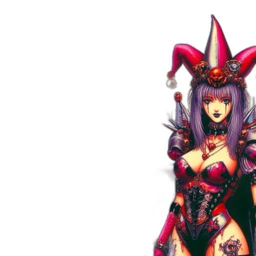 weapon, fantasy art, concept art, pixel art, anime, female, jester, skull-topped transparent PNG cut-out