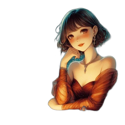 dress, jewelry, flower, face, fantasy art, anime, watercolor, pixel art transparent PNG cut-out