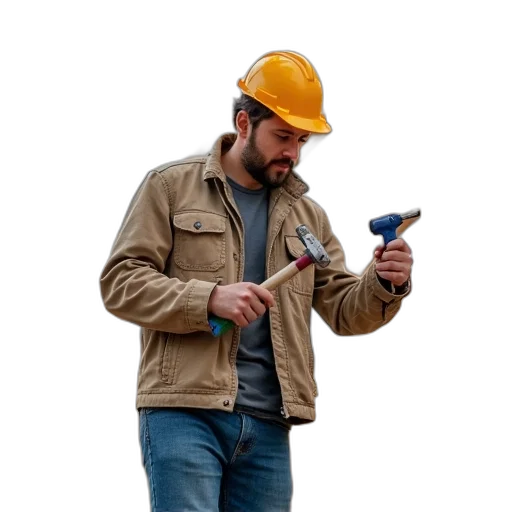 staff, jacket, hat, weapon, construction, worker, standing, wooden transparent PNG cut-out