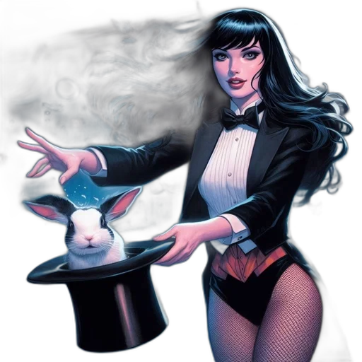 comic book art, concept art, fantasy art, cartoon, neon lights, woman, tuxedo, holds transparent PNG cut-out