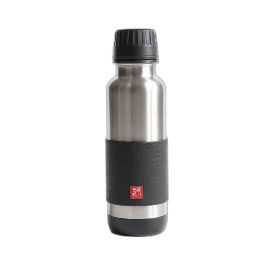 bottle, silver, thermos, black, textured, grip, red, logo transparent PNG cut-out