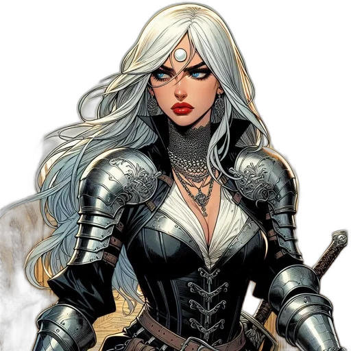 comic book art, fantasy art, concept art, cartoon, female, character, silver, black transparent PNG cut-out