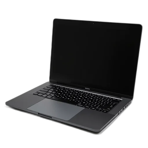3d render, sleek, black, laptop, silver, logo, bottom, left transparent PNG cut-out