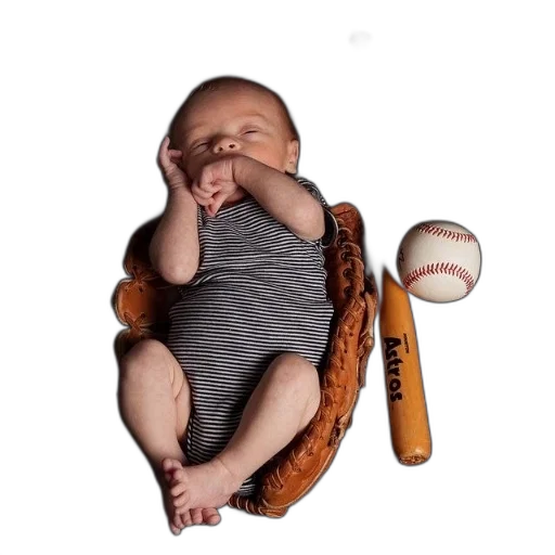 baby, striped, shirt, laying, baseball, glove, bat, ball transparent PNG cut-out