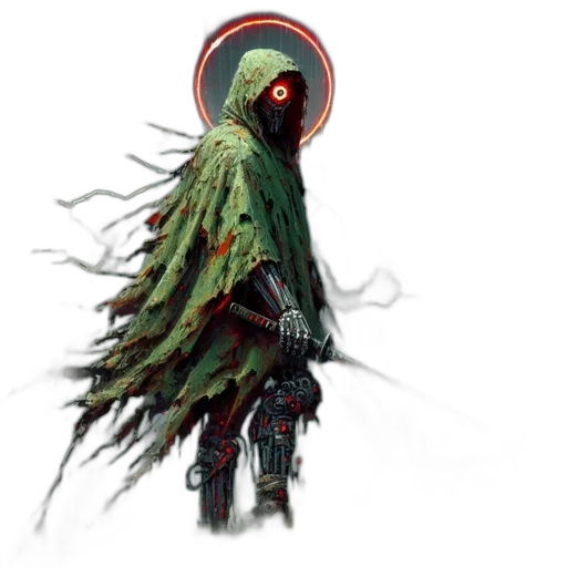 creature, staff, jacket, robot, concept art, cyberpunk, fantasy art, pixel art transparent PNG cut-out