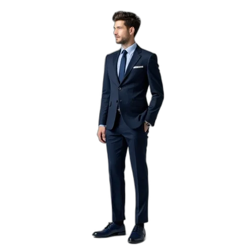 jacket, staff, blue, man, standing, plain, background, wearing transparent PNG cut-out