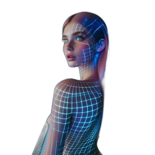 robot, dress, jewelry, face, cyberpunk, 3d render, concept art, vaporwave transparent PNG cut-out