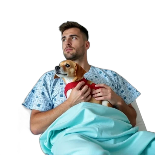 animal, man, lying, hospital, bed, small, dog, resting transparent PNG cut-out