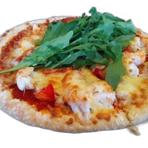 food, pizza, shrimp, cheese, tomato, arugula, white, plate transparent PNG cut-out