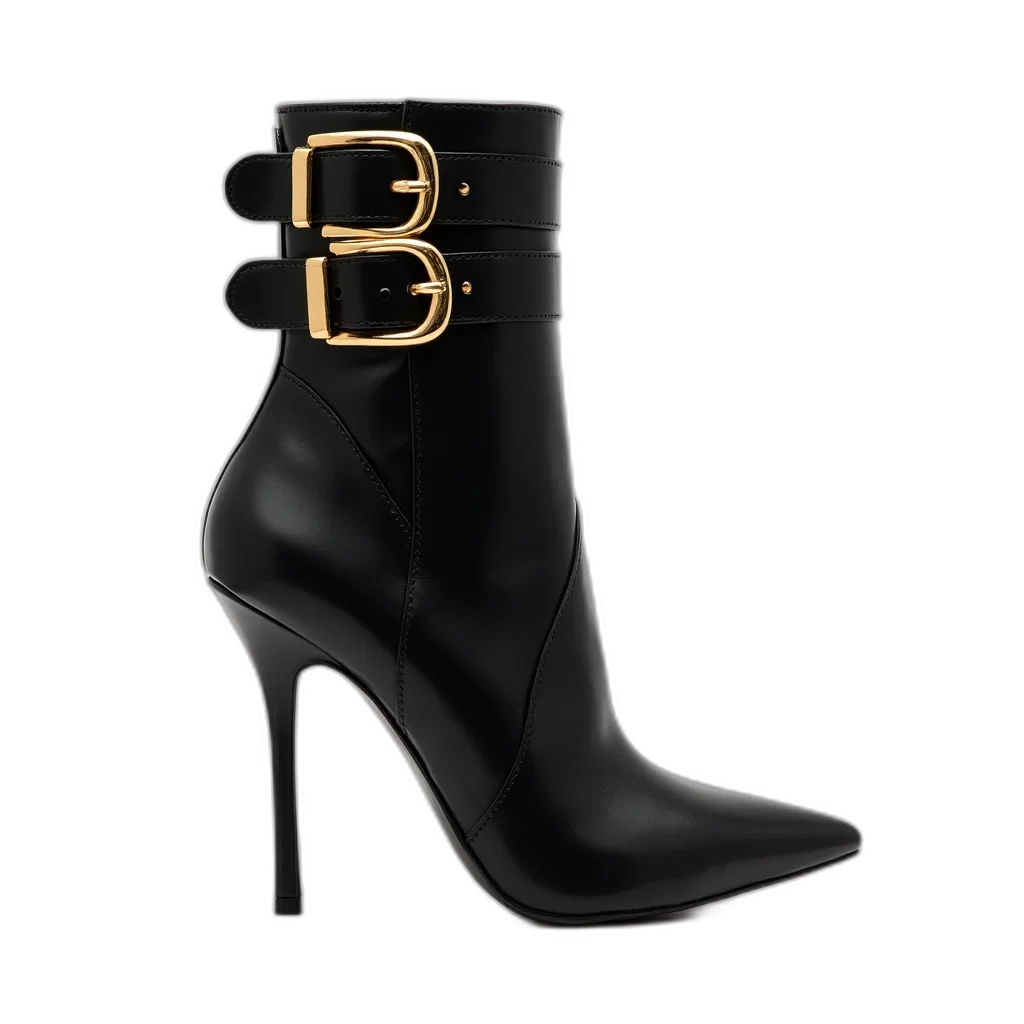 shoes, black, high-heeled, ankle, boot, gold, buckles, pointed transparent PNG cut-out