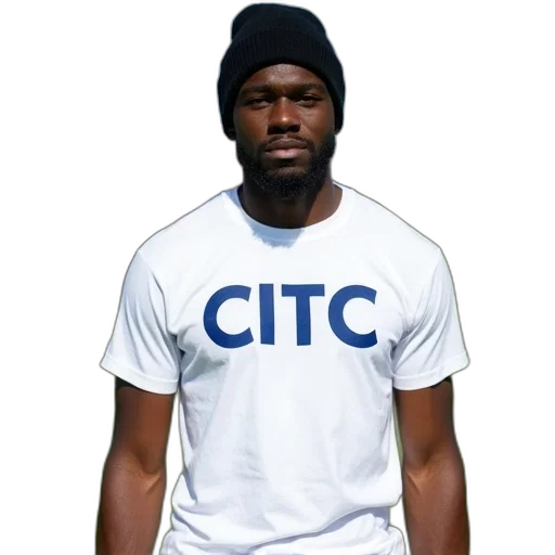 hat, man, wearing, white, t-shirt, word, citc, blue transparent PNG cut-out