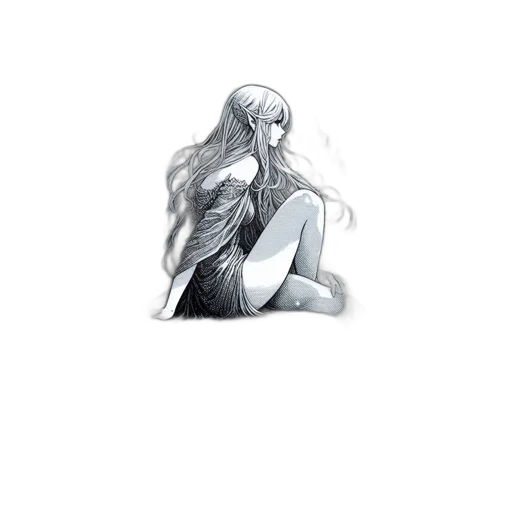 dress, hair, crown, jewelry, fantasy art, concept art, pencil sketch, comic book art transparent PNG cut-out