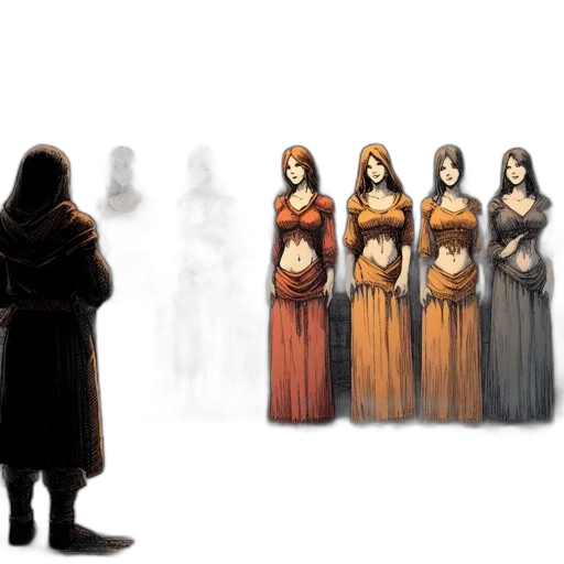 dress, concept art, fantasy art, pixel art, comic book art, fire, earth tones, dark transparent PNG cut-out