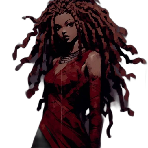 dress, hair, comic book art, concept art, pixel art, cyberpunk, red, dark transparent PNG cut-out
