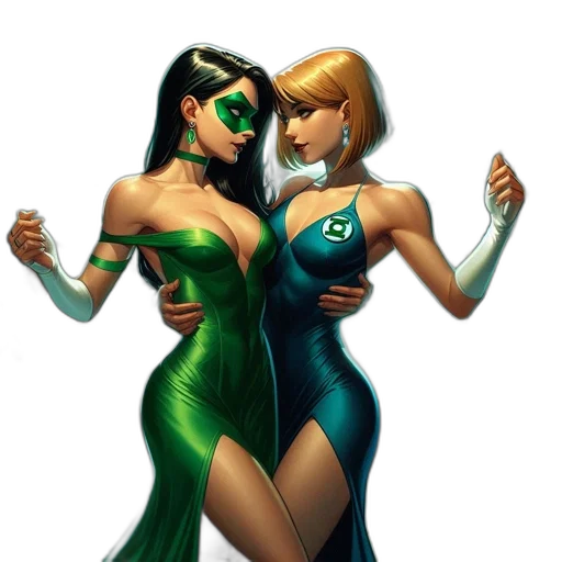 comic book art, concept art, fantasy art, 3d render, green, two, women, colorful transparent PNG cut-out