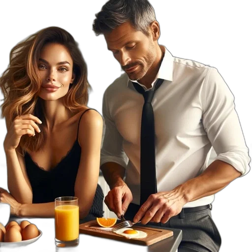 food, couple, prepares, breakfast, cozy, kitchen, featuring, busy transparent PNG cut-out