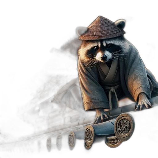 concept art, fantasy art, photorealistic, comic book art, raccoon, japanese, attire, holding transparent PNG cut-out