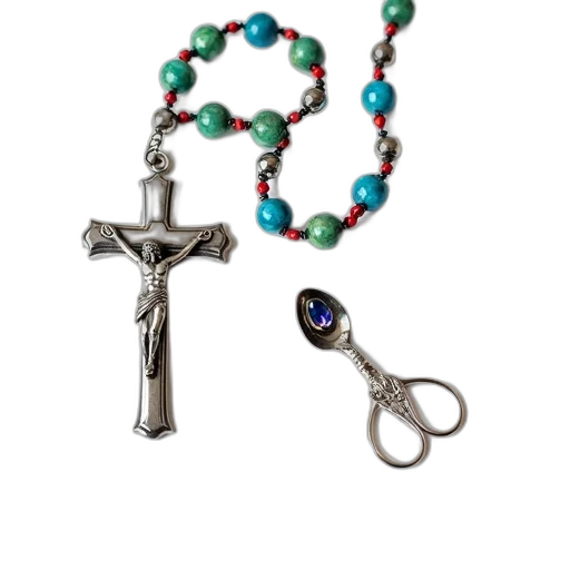 jewelry, rosary, crucifix, pendant, displayed, white, background, has transparent PNG cut-out