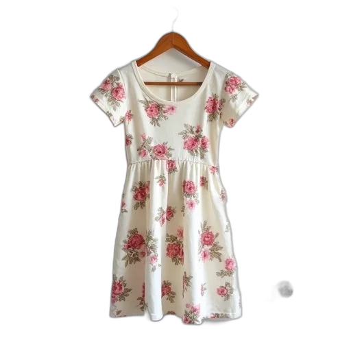 dress, white, floral, pattern, hanging, wooden, hanger, attached transparent PNG cut-out