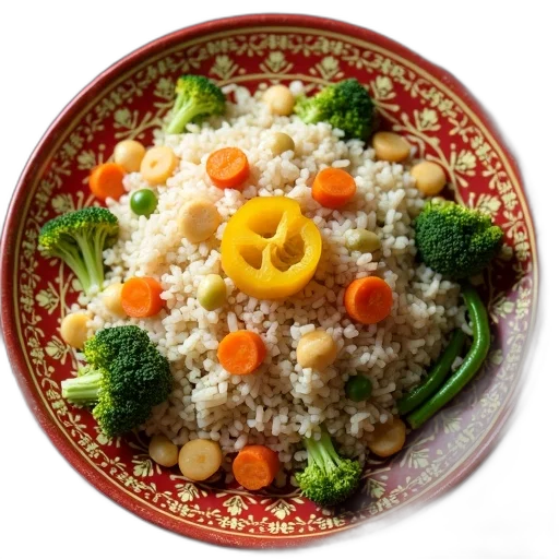 food, photorealistic, plate, rice, various, vegetables, such, broccoli transparent PNG cut-out